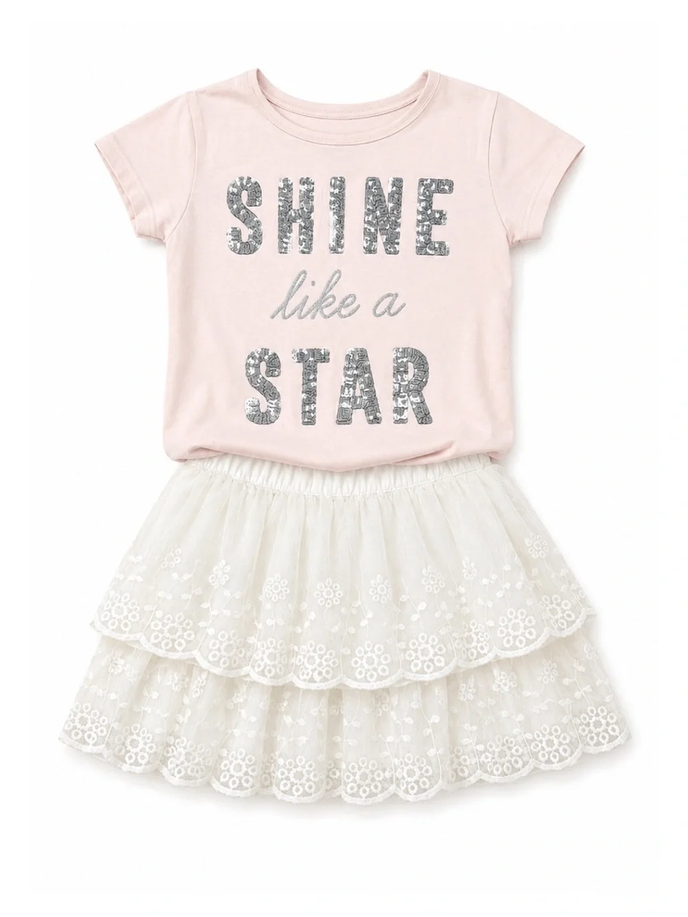 Carters Pink & Cream Lace Sequin Shine Like a Star Top & Skirt Outfit Size 4/5